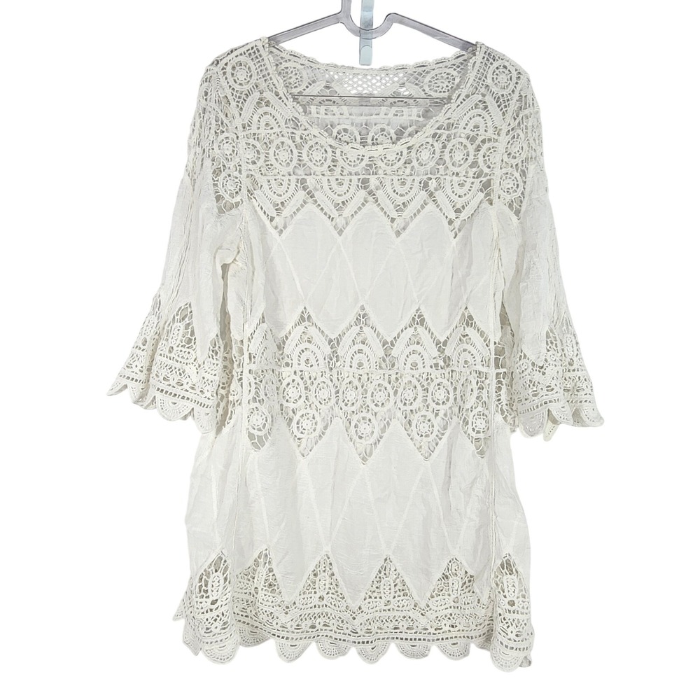 100%‎ Cotton White Crochet Lace Tunic Top Womens Indie Boho Coastal Avante Garde